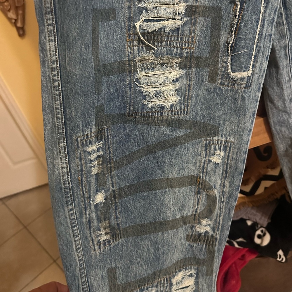 Patchwork Distressed Denim Overalls - Light Blue - image 3